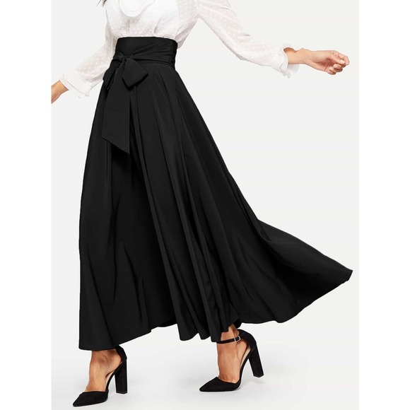 High Waist Zip Back Knotted Swing maxi Skirt black - Picture 4 of 11